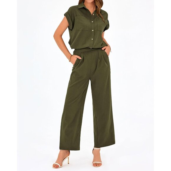 Women's 2 Piece Summer Set Polyester Cap Sleeve Top Palazzo Pants Casual - Picture 4 of 6